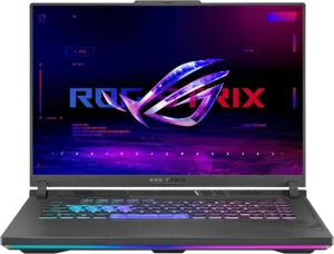"ASUS ROG Strix G16 in gaming mode with RGB keyboard and 165Hz display, showing high-end gaming with Ultra HD graphics."