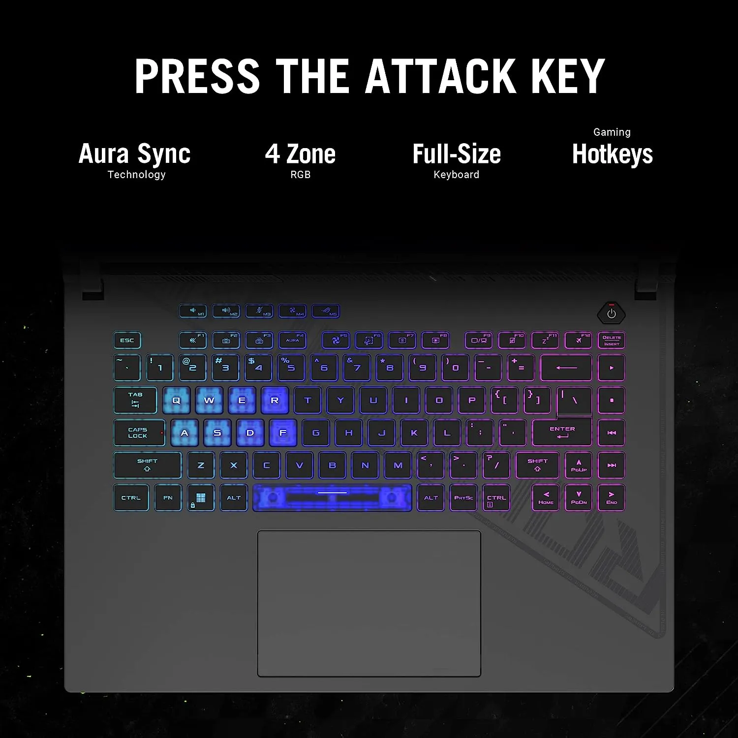 "ASUS ROG Strix G16 in gaming mode with RGB keyboard"
