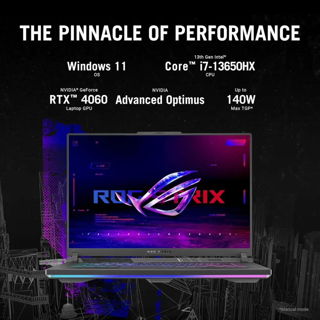 "ASUS ROG Strix G16 in gaming mode with RGB keyboard and 165Hz display, showing high-end gaming with Ultra HD graphics."
