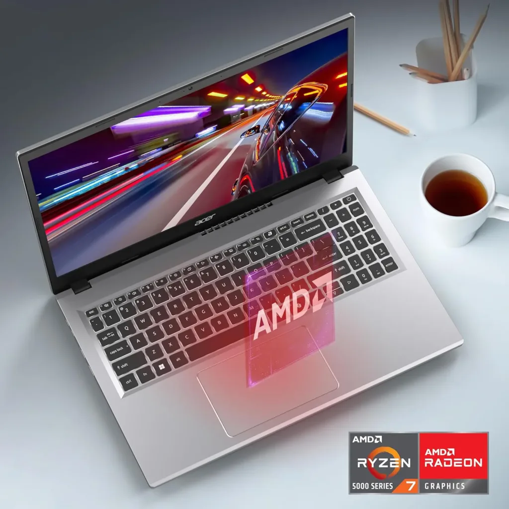 "Acer Aspire 3 shown in a coffee shop, with 15.6-inch display and ultra-thin design for remote work or everyday study."