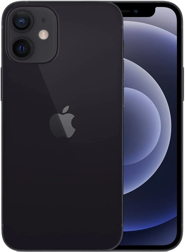 "iPhone 12 Mini refreshed in black color, showing its small size and dual camera, perfect for compact and powerful device lovers."
